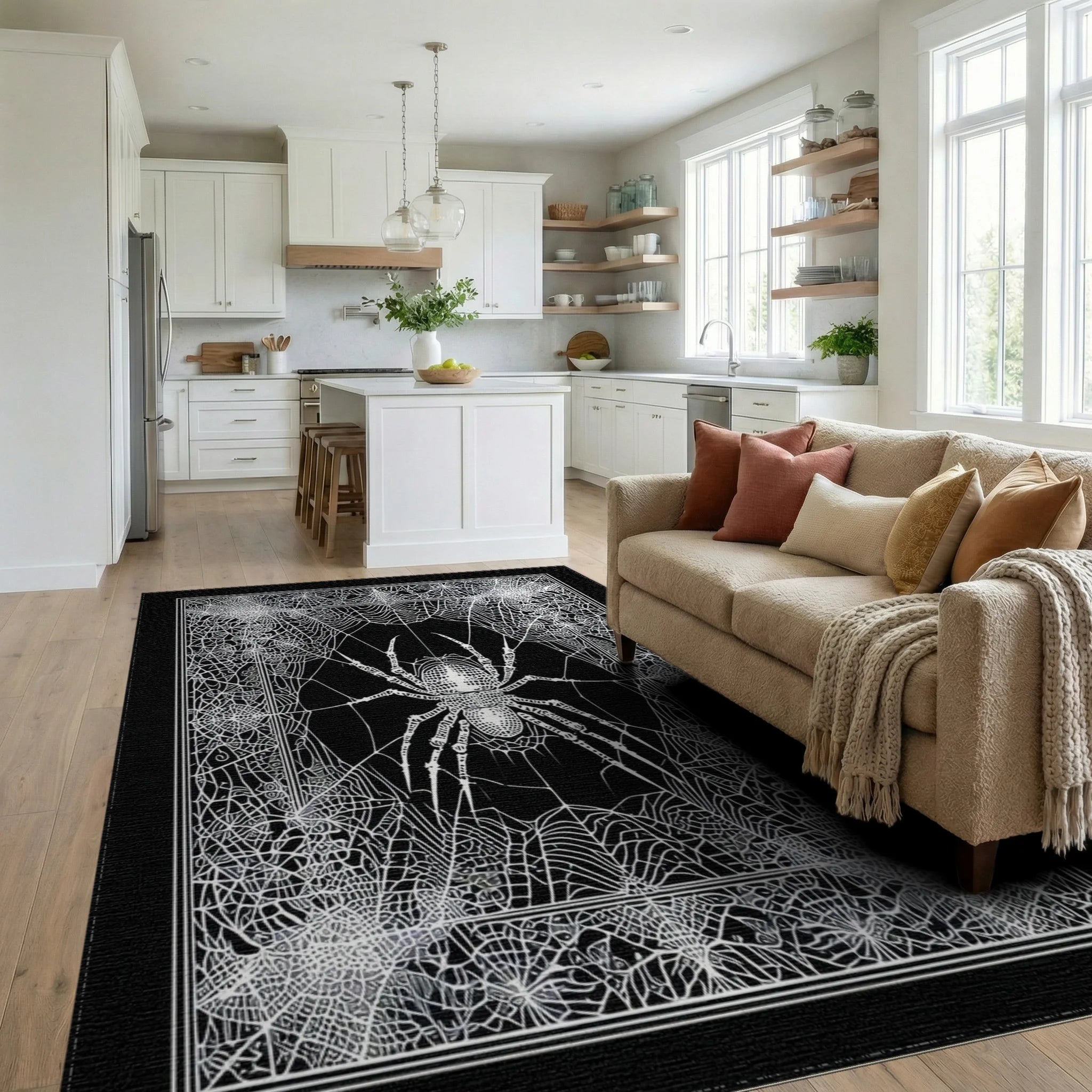 Monochrome Spiderweb Detailed Intricate Rug - Living Room View