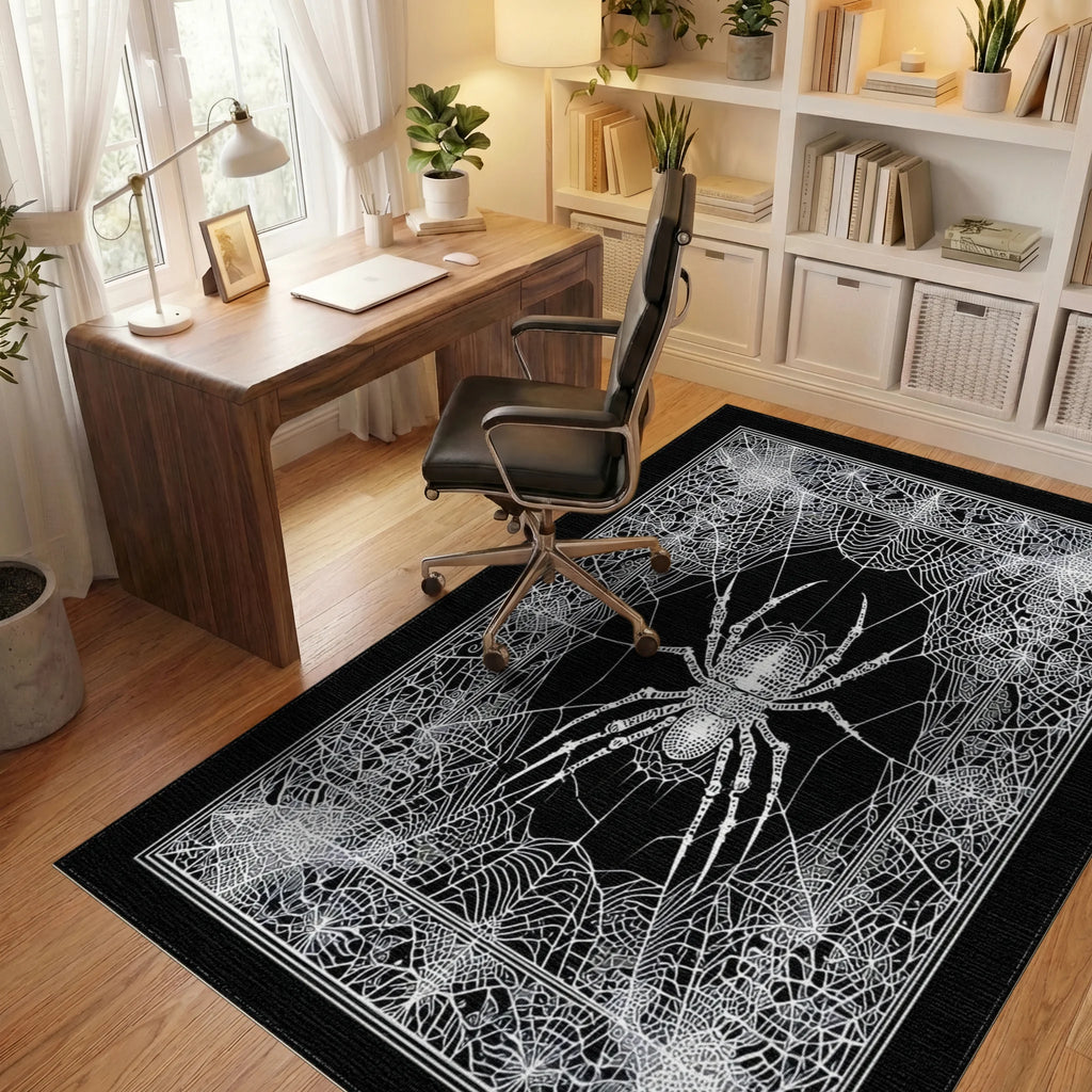 Monochrome Spiderweb Detailed Intricate Rug - Office View