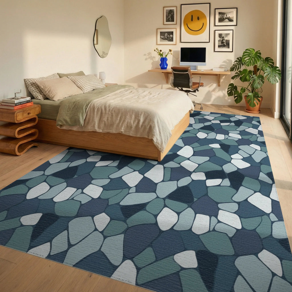 Mottled Blue Stone Mosaic Rug Bedroom View