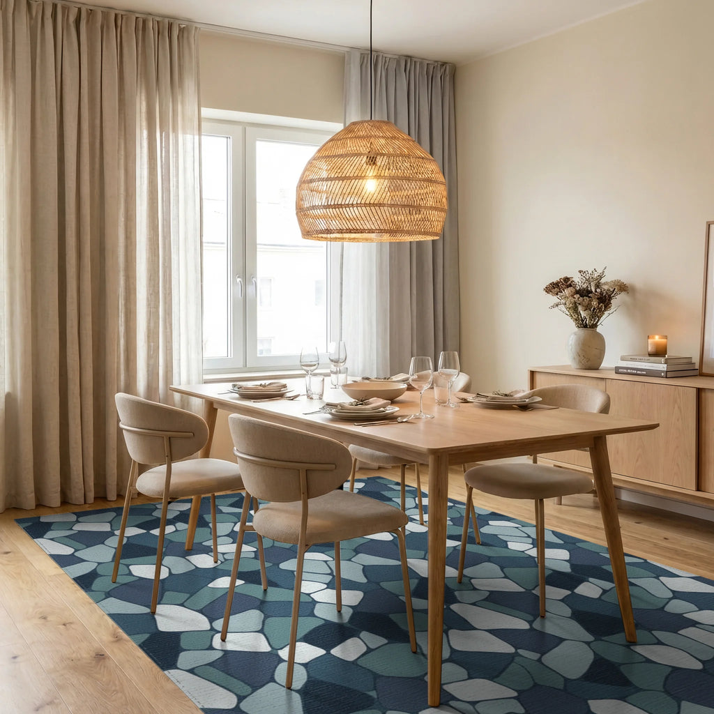 Mottled Blue Stone Mosaic Rug Dining Room View