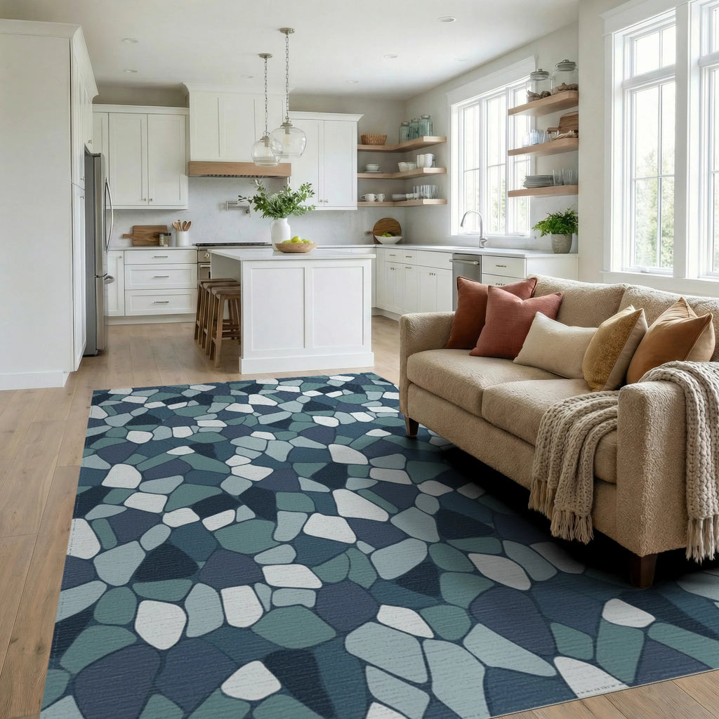 Mottled Blue Stone Mosaic Rug Living Room View