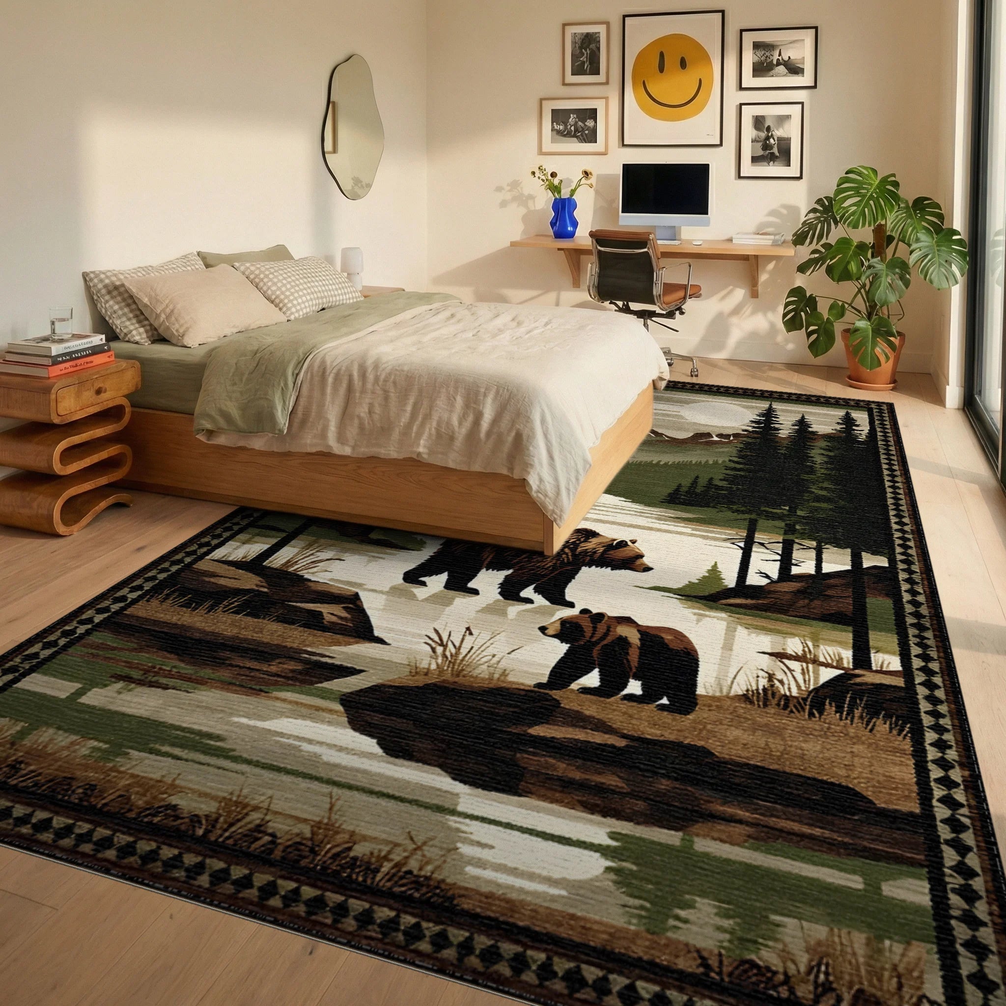 Mountain River Bears Woodland Scene Rug - Bedroom View