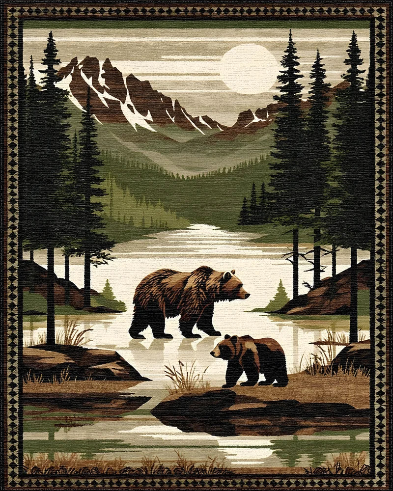 Mountain River Bears Woodland Scene Rug - Cutout View