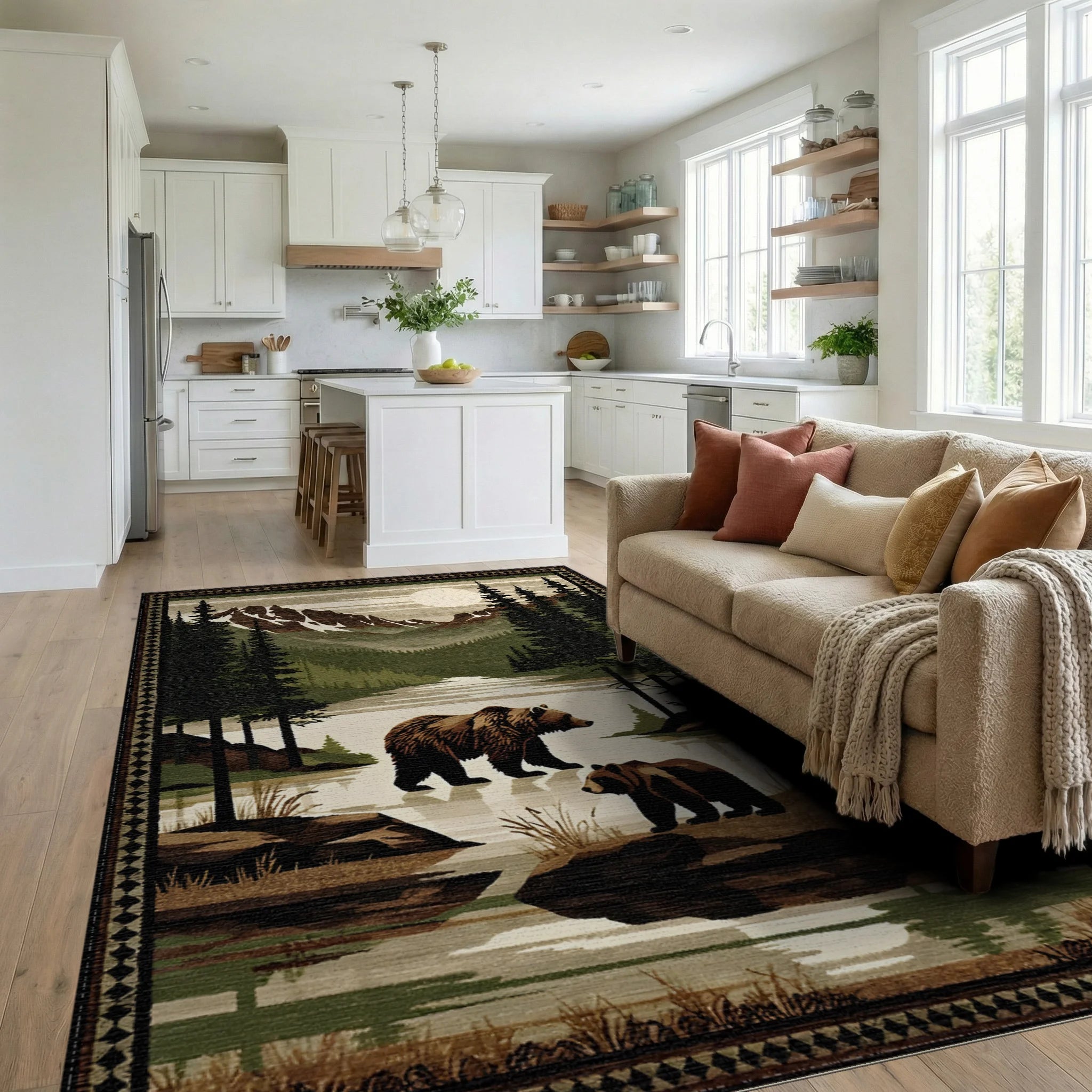 Mountain River Bears Woodland Scene Rug - Living Room View