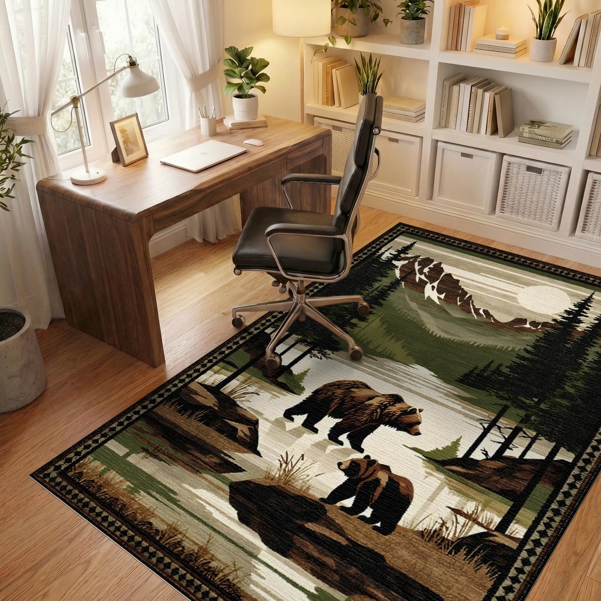 Mountain River Bears Woodland Scene Rug - Office View