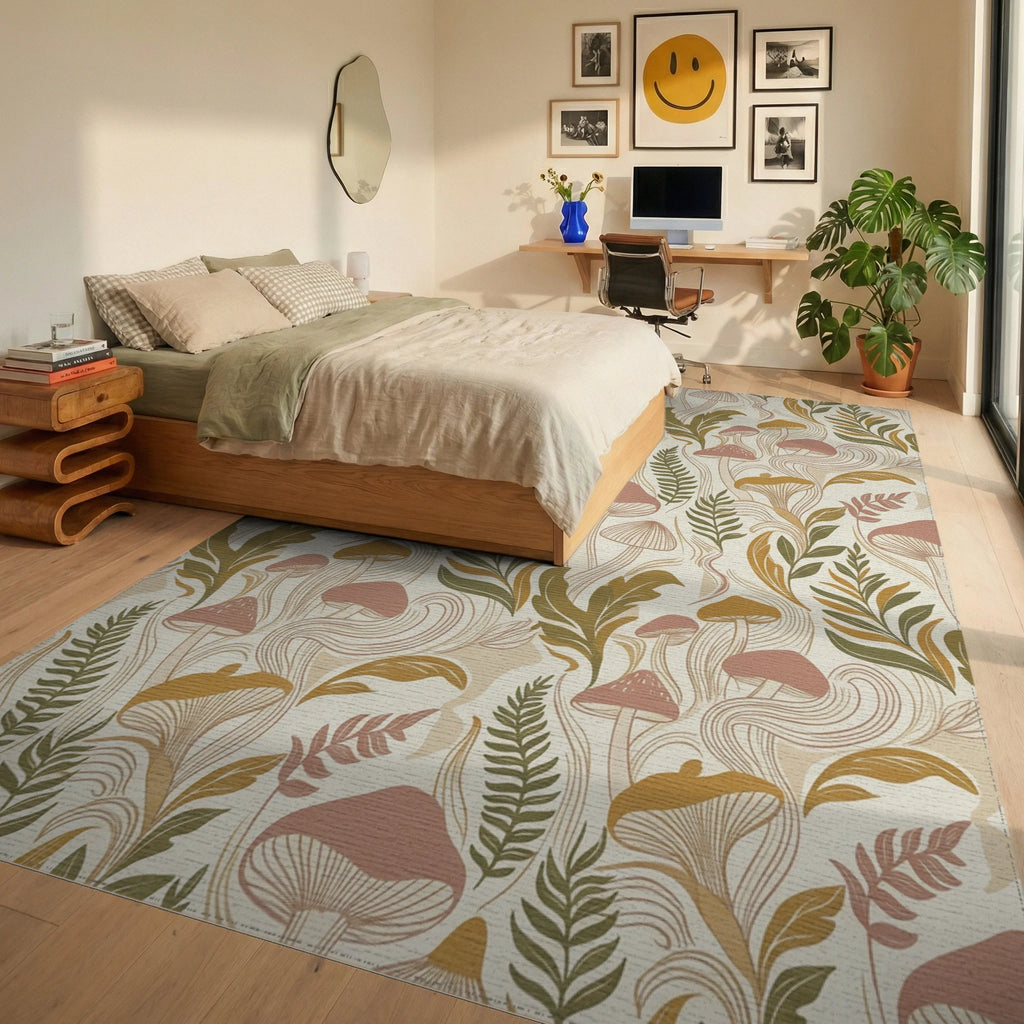 Mushroom Fern Swirl Earthy Tone Rug Bedroom View