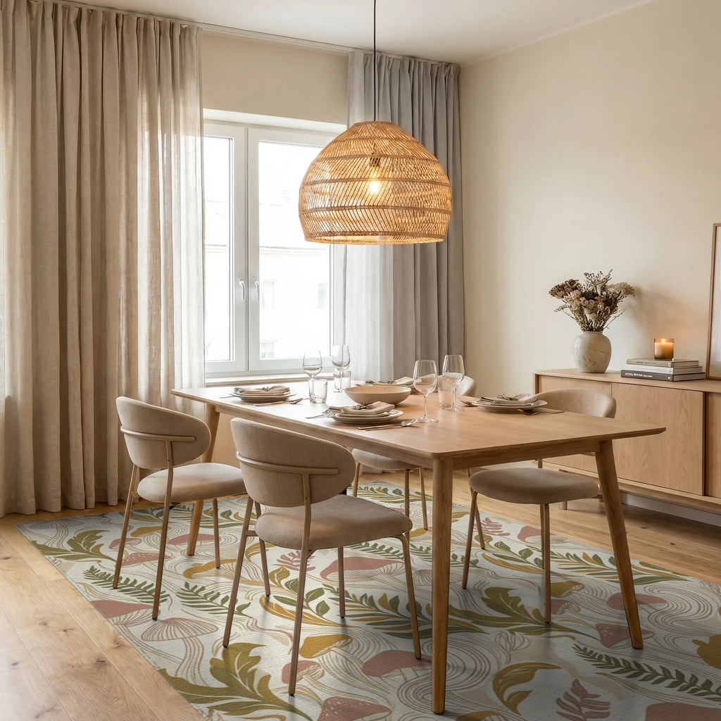 Mushroom Fern Swirl Earthy Tone Rug Dining Room View