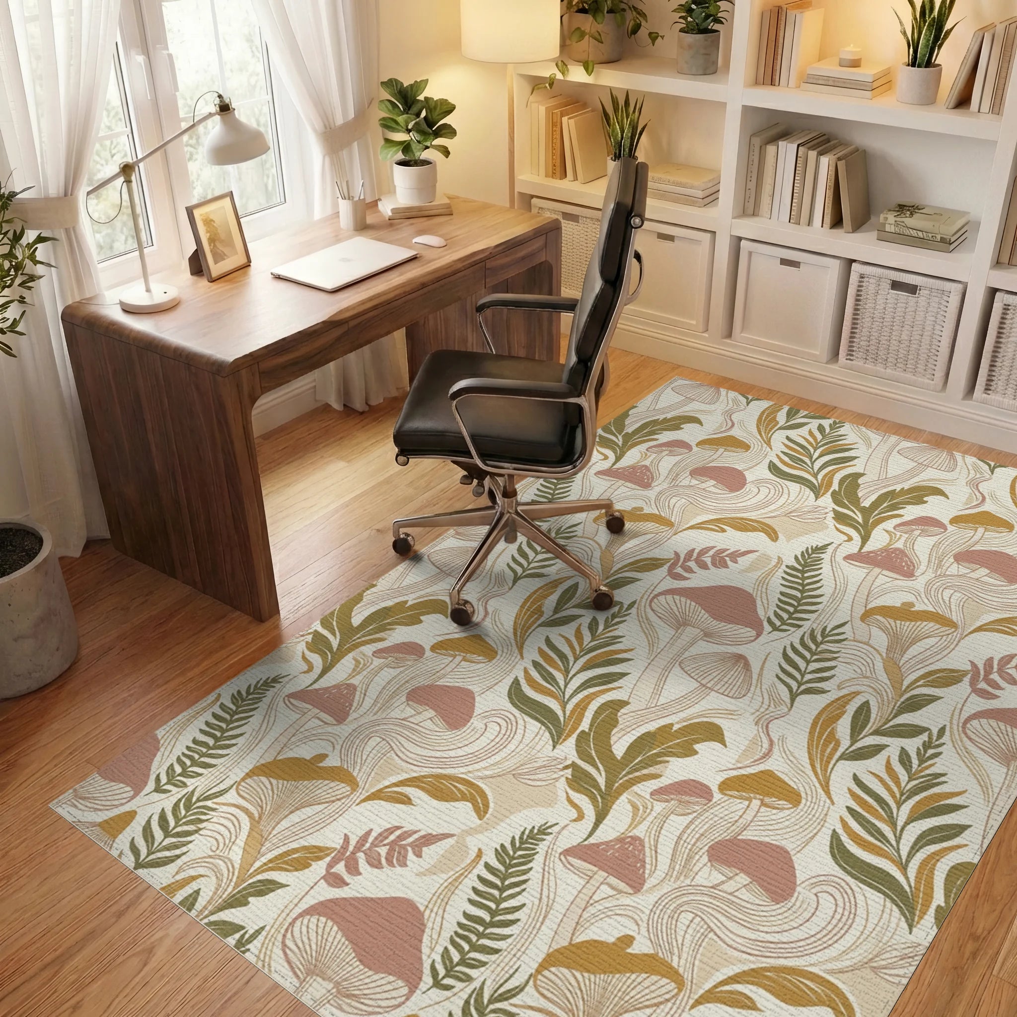 Mushroom Fern Swirl Earthy Tone Rug Office View