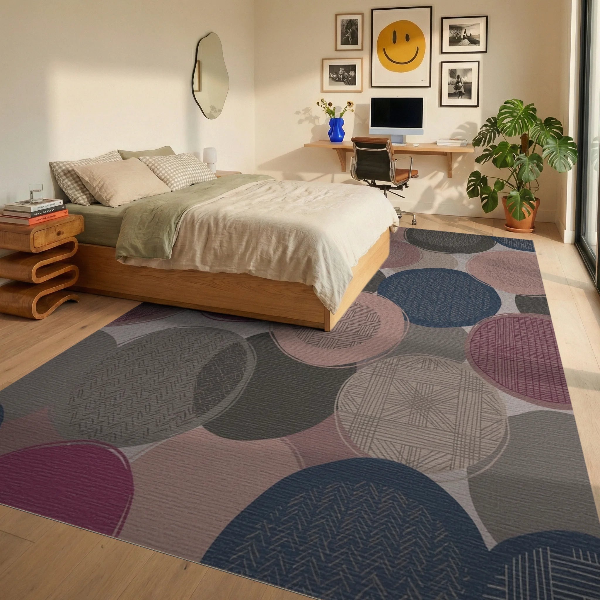 Muted Circles Textured Collage Rug Bedroom View