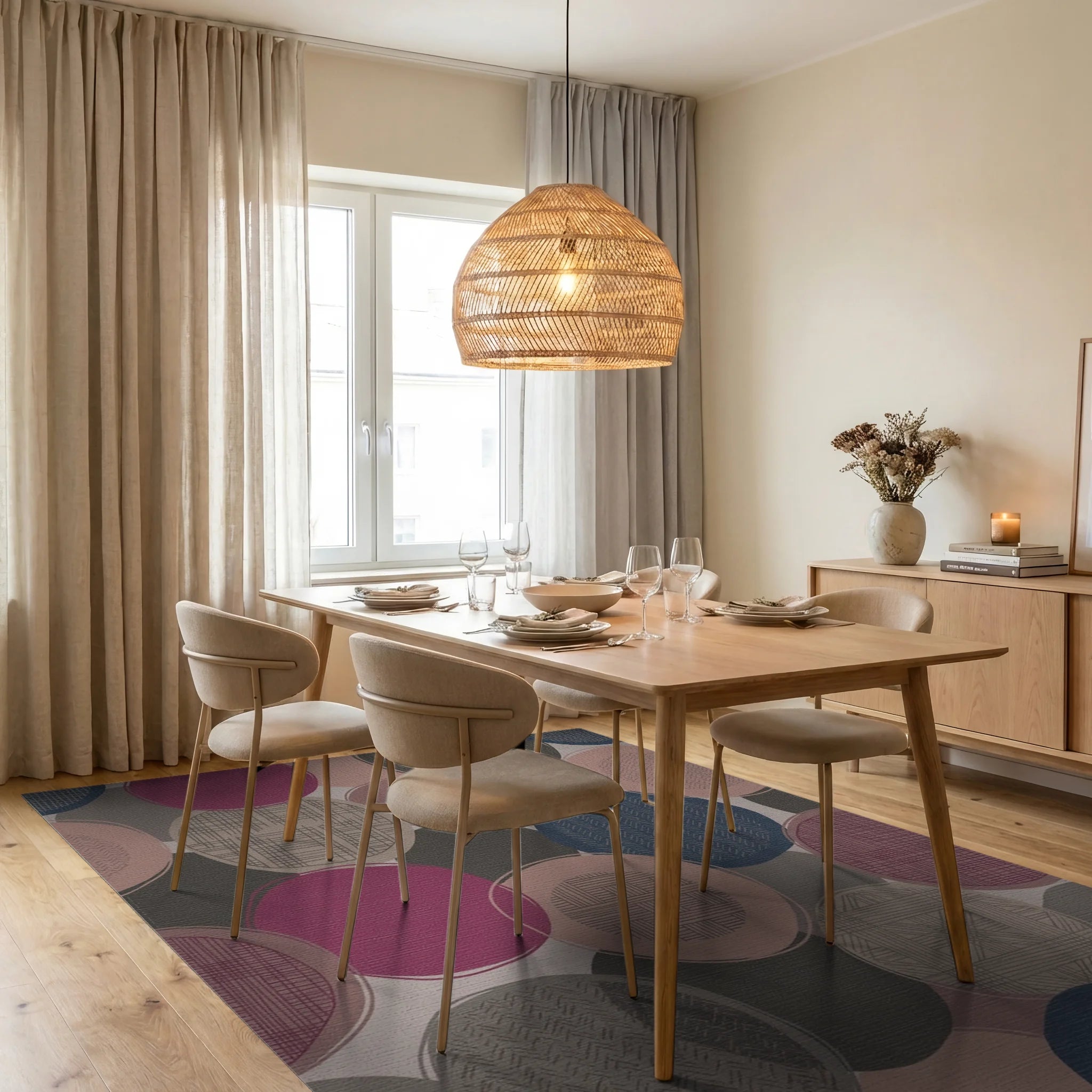 Muted Circles Textured Collage Rug Dining Room View