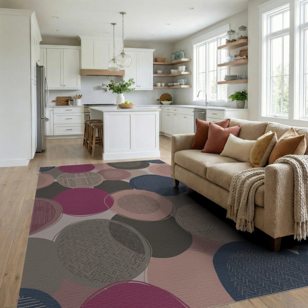 Muted Circles Textured Collage Rug Living Room View