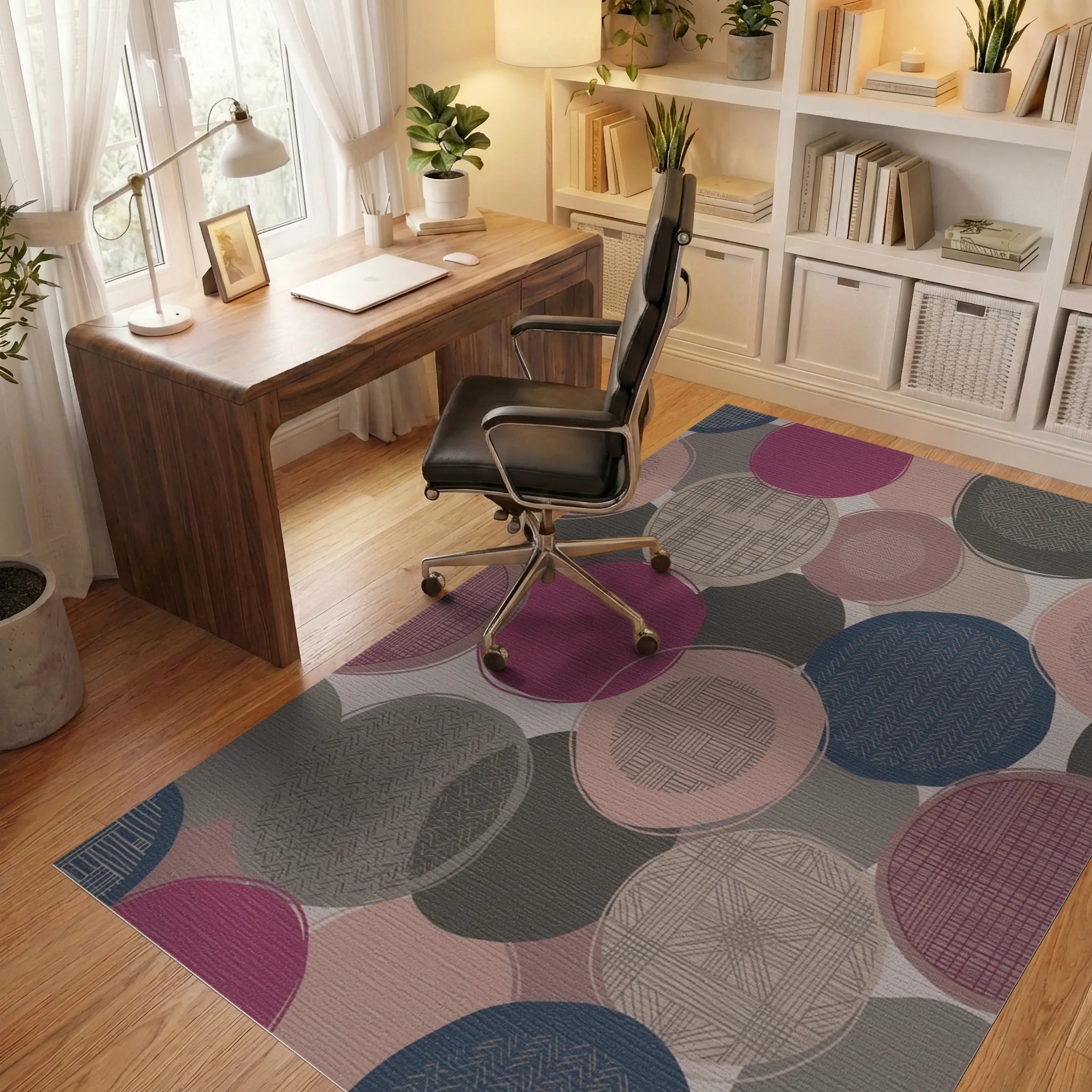 Muted Circles Textured Collage Rug Office View