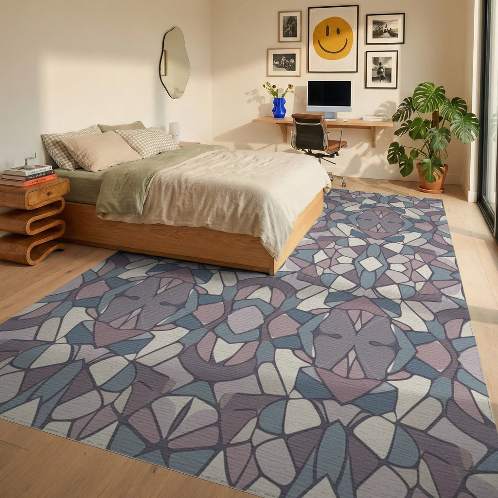 Muted Geometric Abstract Mosaic Rug Bedroom View