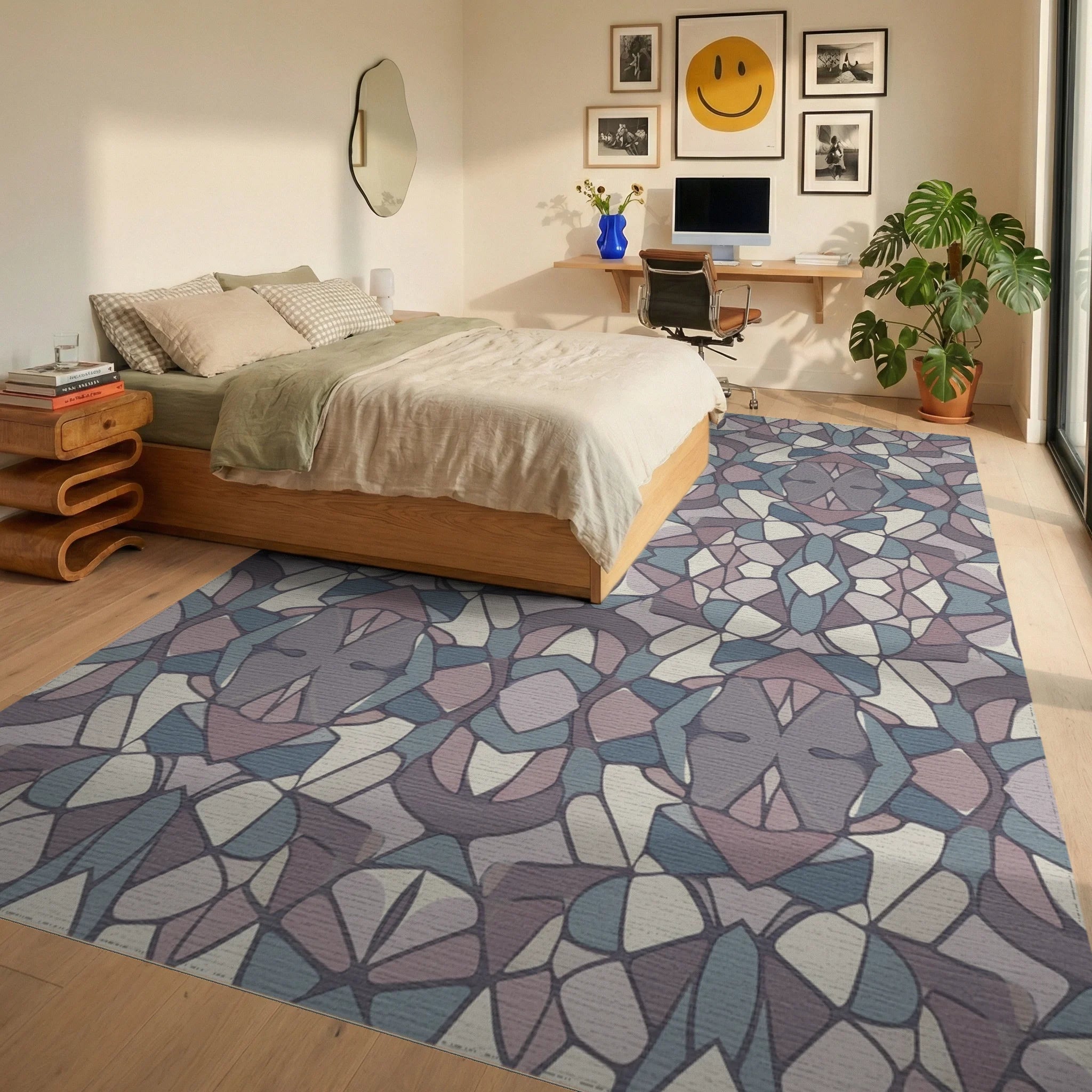 Muted Geometric Abstract Mosaic Rug Bedroom View