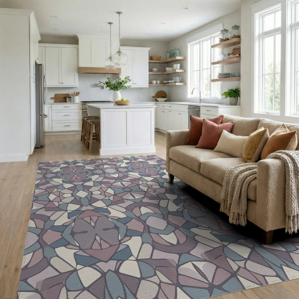 Muted Geometric Abstract Mosaic Rug Living Room View
