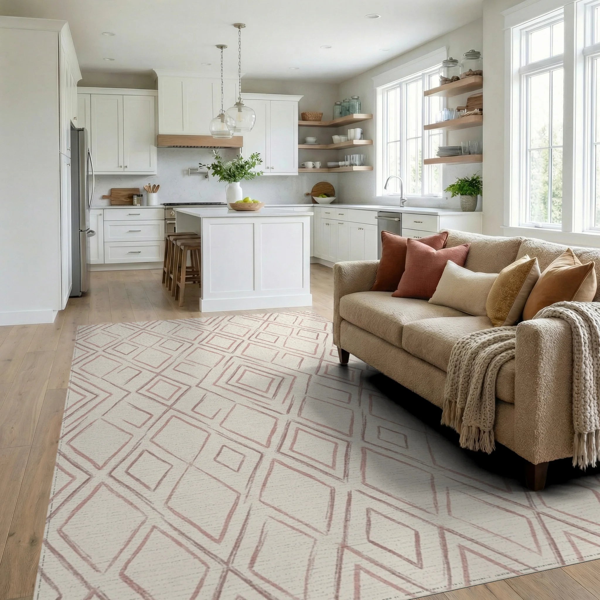 Muted Rose Diamond Geometric Harmony Rug Living Room View