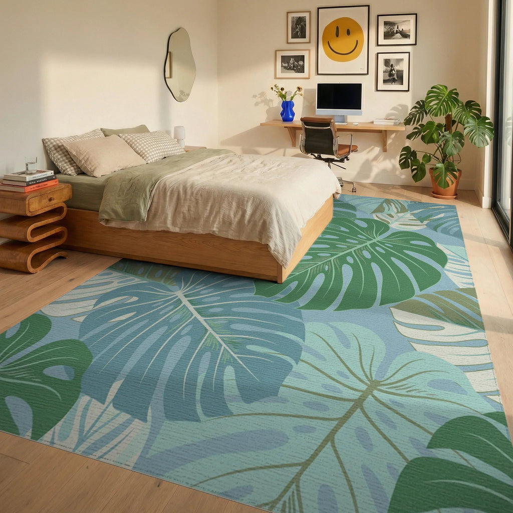 Muted Teal Monstera Leaf Collage Rug Bedroom View