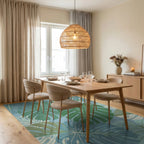 Muted Teal Monstera Leaf Collage Rug Dining Room View