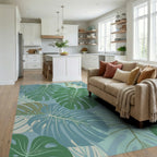 Muted Teal Monstera Leaf Collage Rug Living Room View
