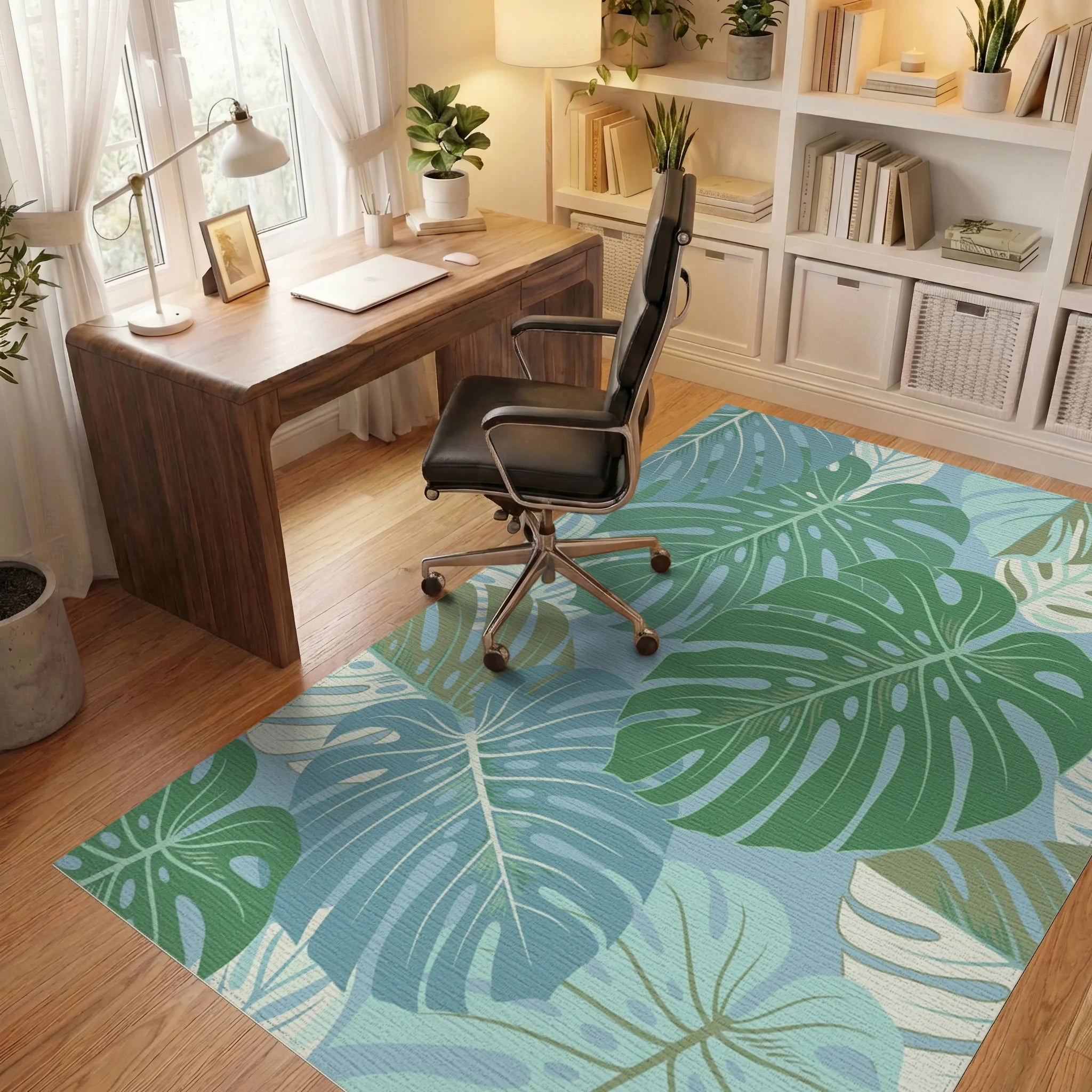 Muted Teal Monstera Leaf Collage Rug Office View