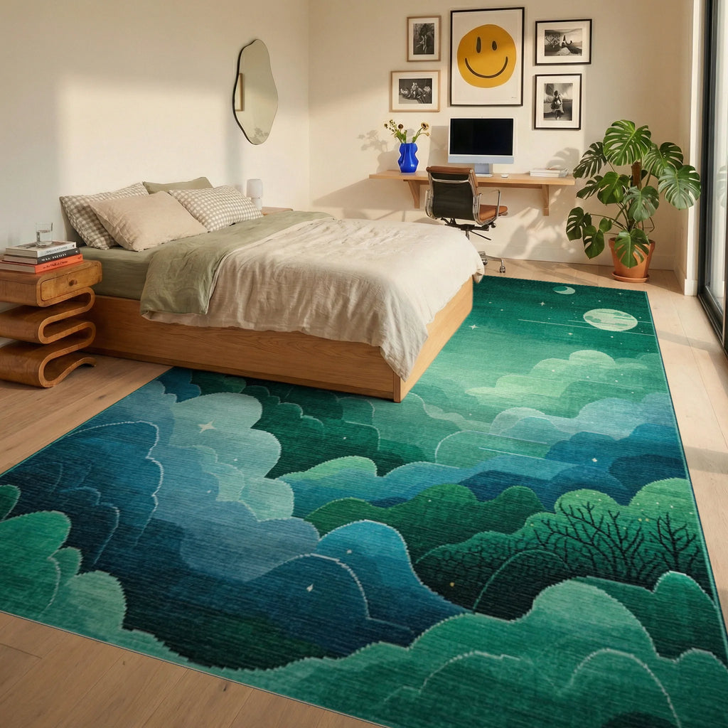 Mystic Emerald Cloudscape Night Scene Rug - Bedroom View