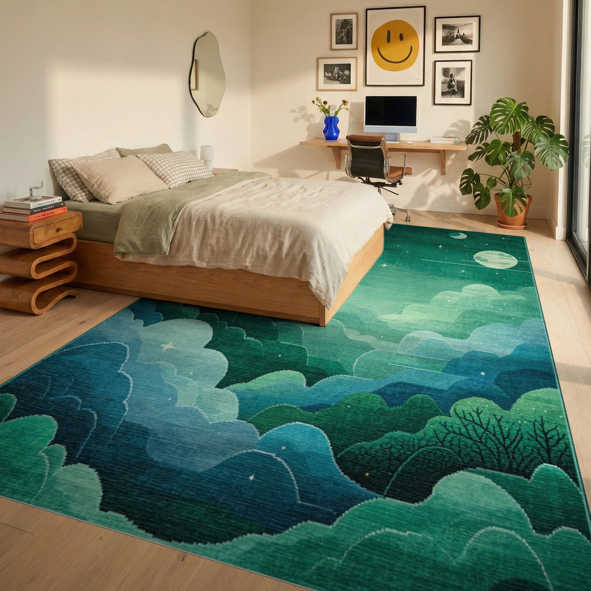 Mystic Emerald Cloudscape Night Scene Rug - Bedroom View