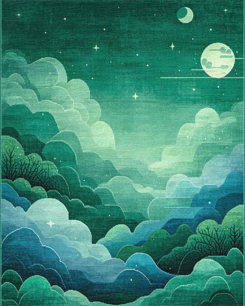Mystic Emerald Cloudscape Night Scene Rug - Cutout View