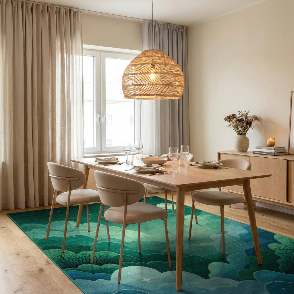 Mystic Emerald Cloudscape Night Scene Rug - Dining Room View