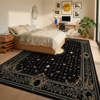 Mystical Black Gold Ornate Moon Rug - Bedroom View