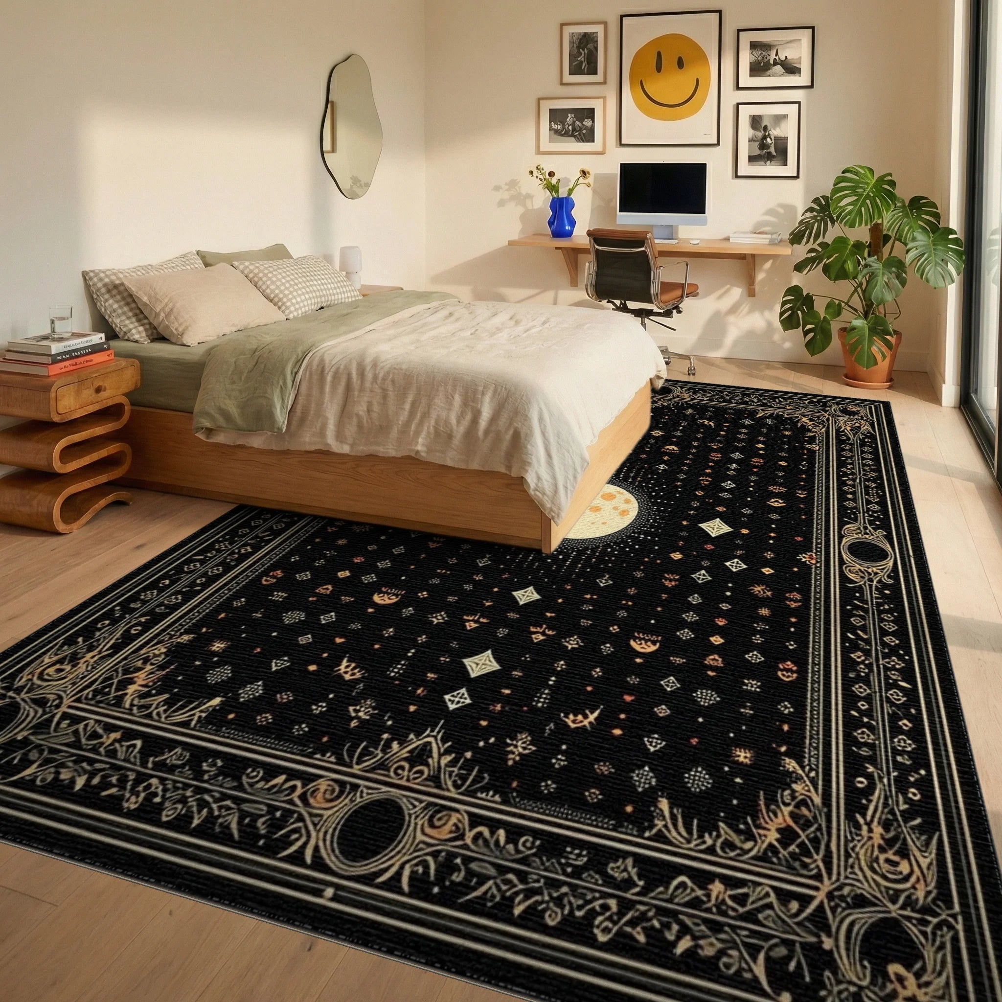 Mystical Black Gold Ornate Moon Rug - Bedroom View