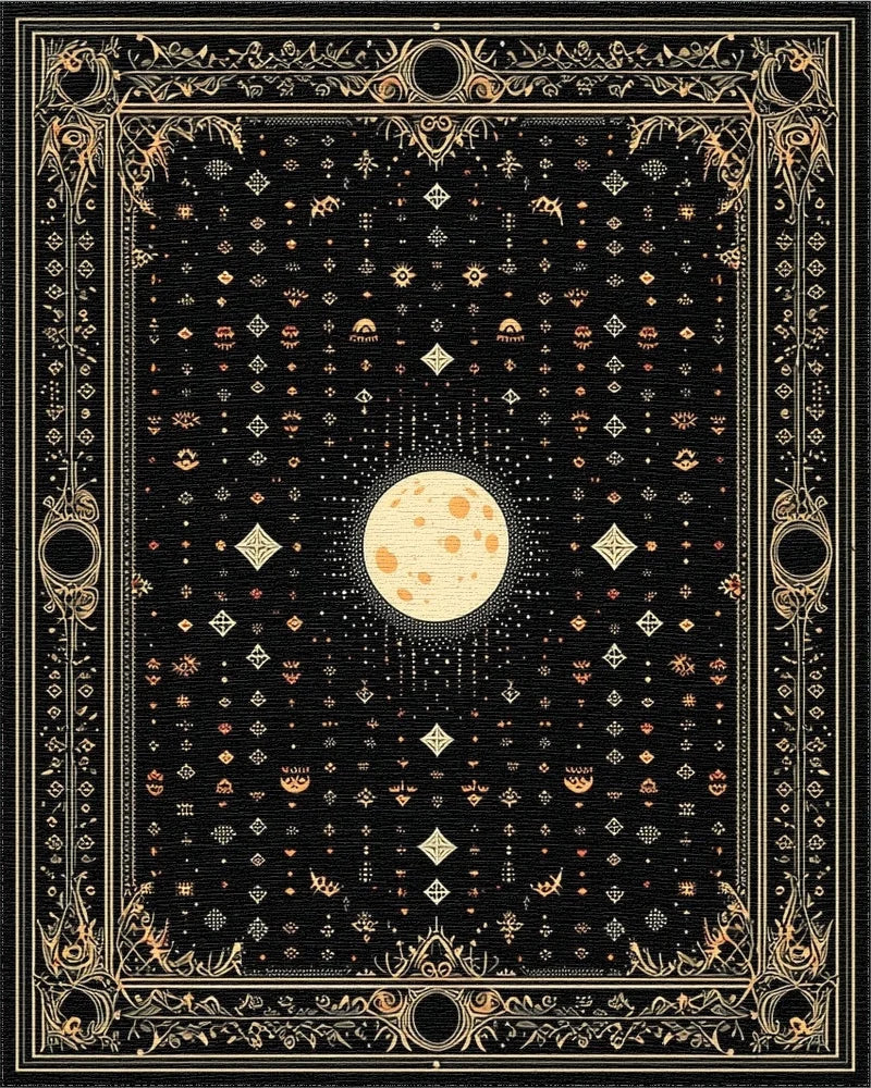 Mystical Black Gold Ornate Moon Rug - Cutout View