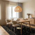 Mystical Black Gold Ornate Moon Rug - Dining Room View