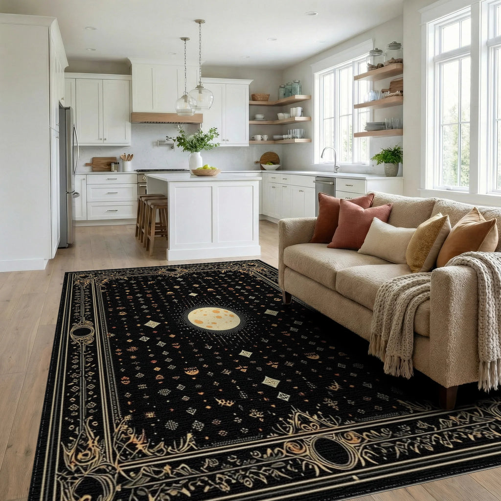 Mystical Black Gold Ornate Moon Rug - Living Room View