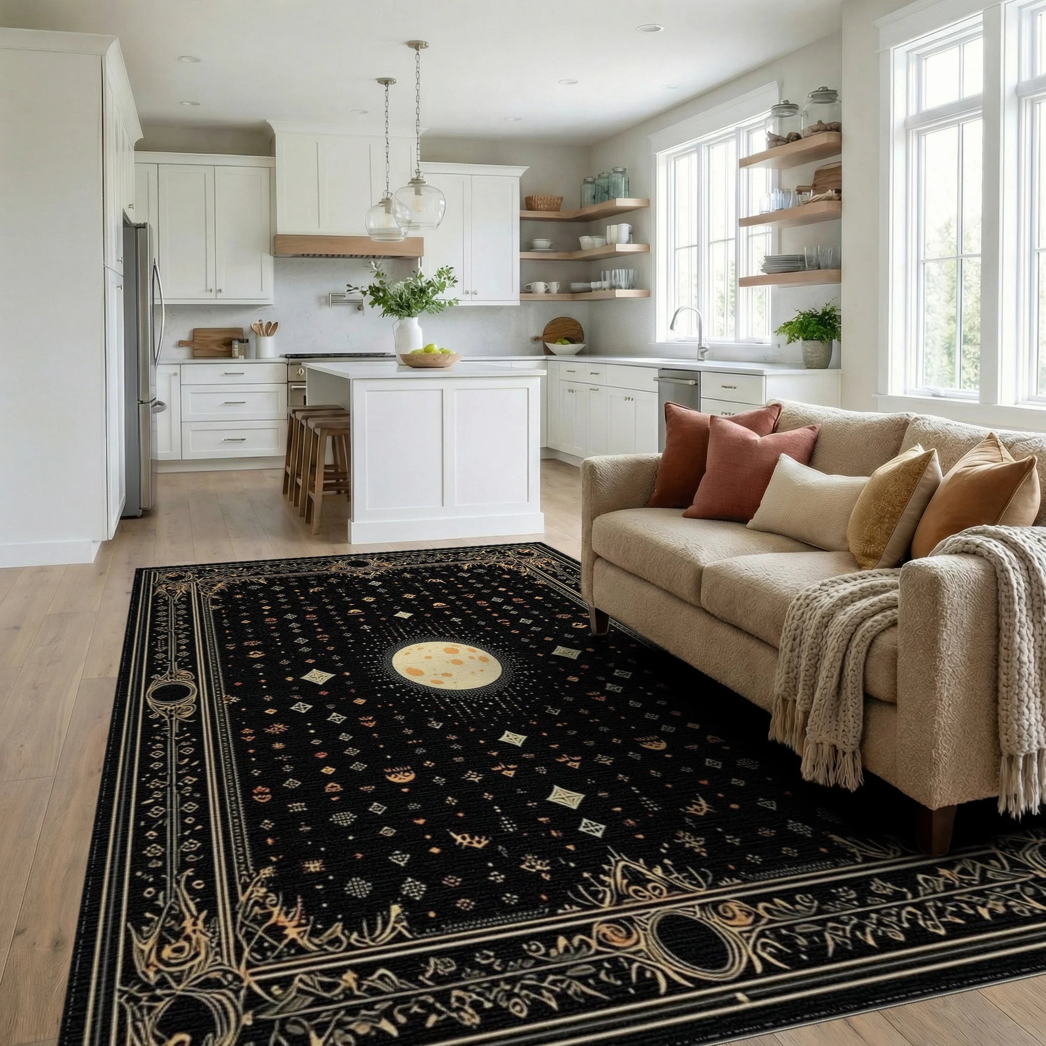 Mystical Black Gold Ornate Moon Rug - Living Room View