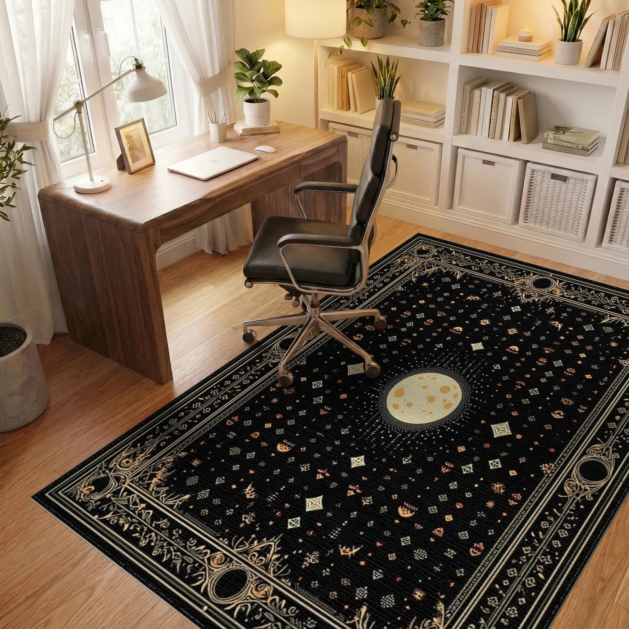 Mystical Black Gold Ornate Moon Rug - Office View