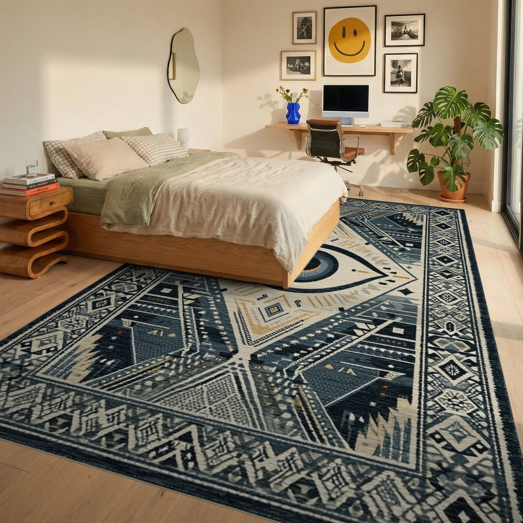 Mystical Blue Eye Tribal Diamond Rug - Bedroom View