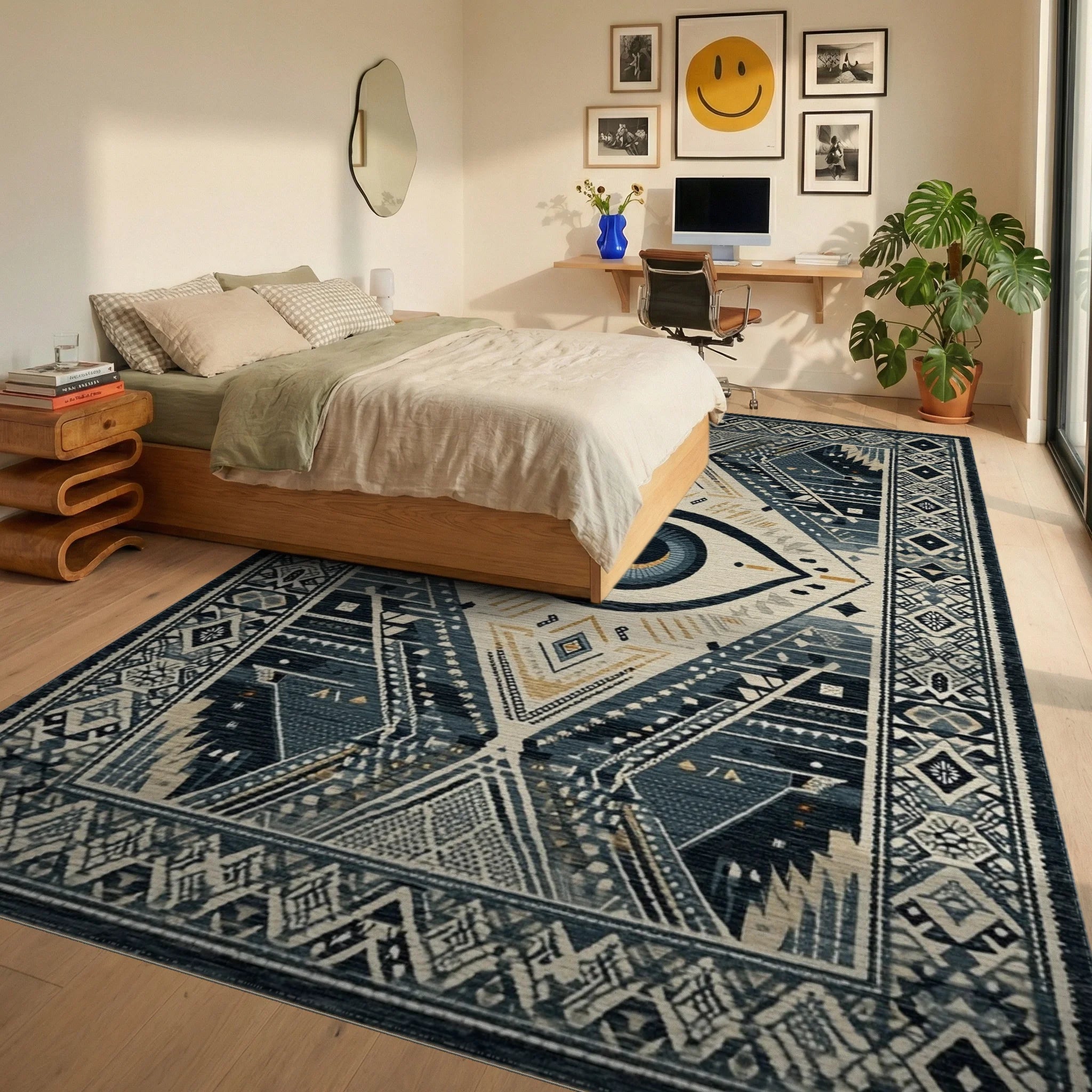 Mystical Blue Eye Tribal Diamond Rug - Bedroom View