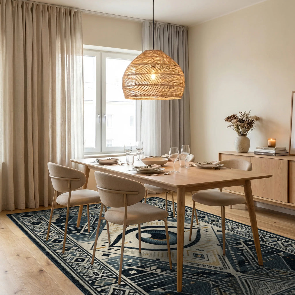 Mystical Blue Eye Tribal Diamond Rug - Dining Room View