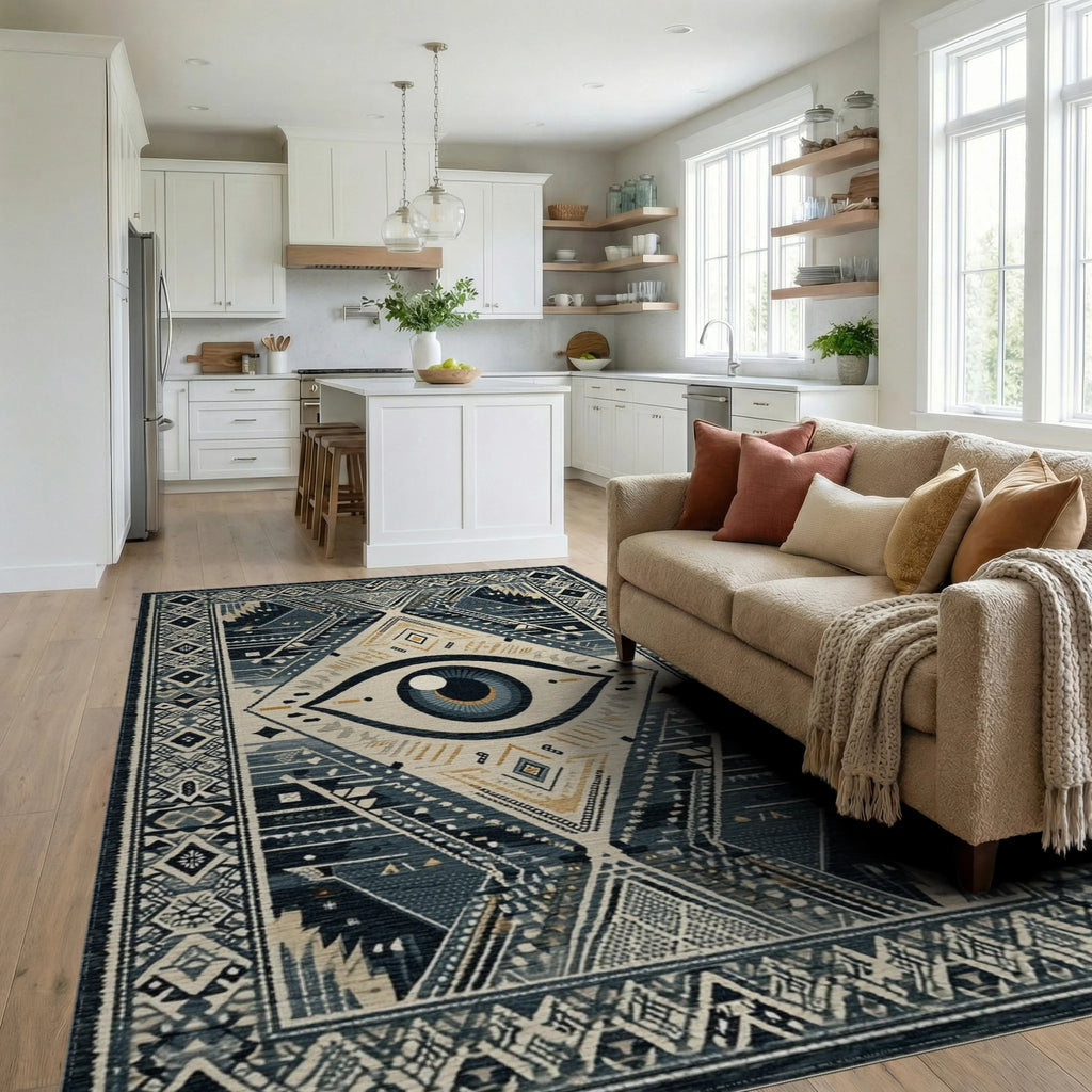 Mystical Blue Eye Tribal Diamond Rug - Living Room View