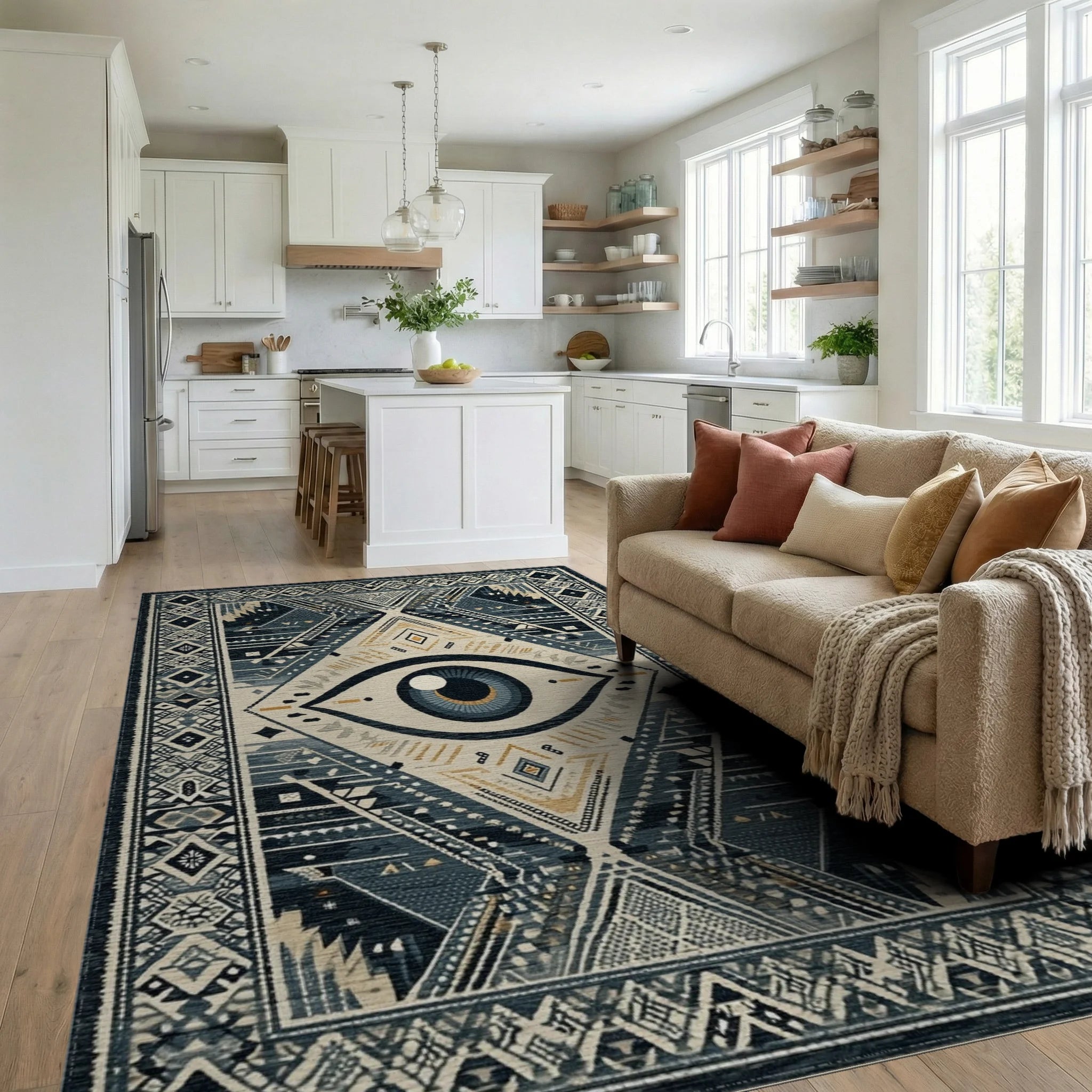 Mystical Blue Eye Tribal Diamond Rug - Living Room View