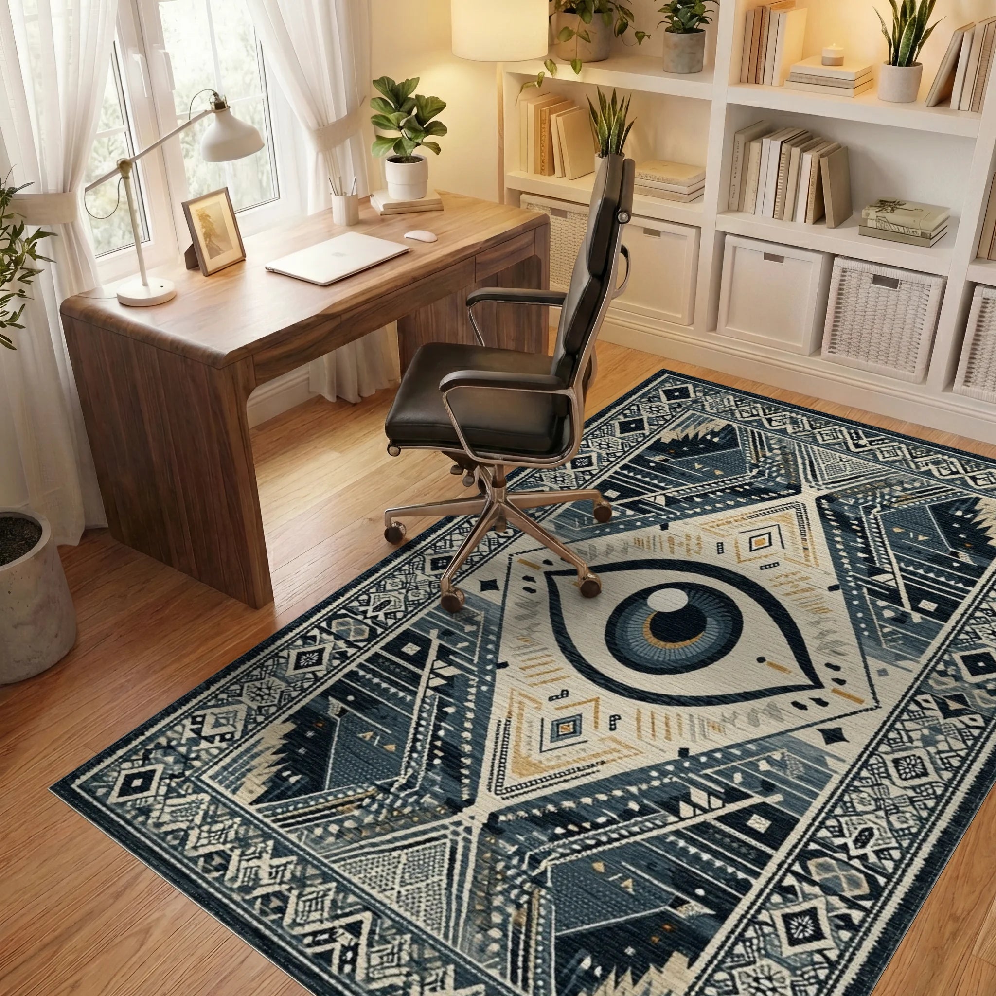 Mystical Blue Eye Tribal Diamond Rug - Office View