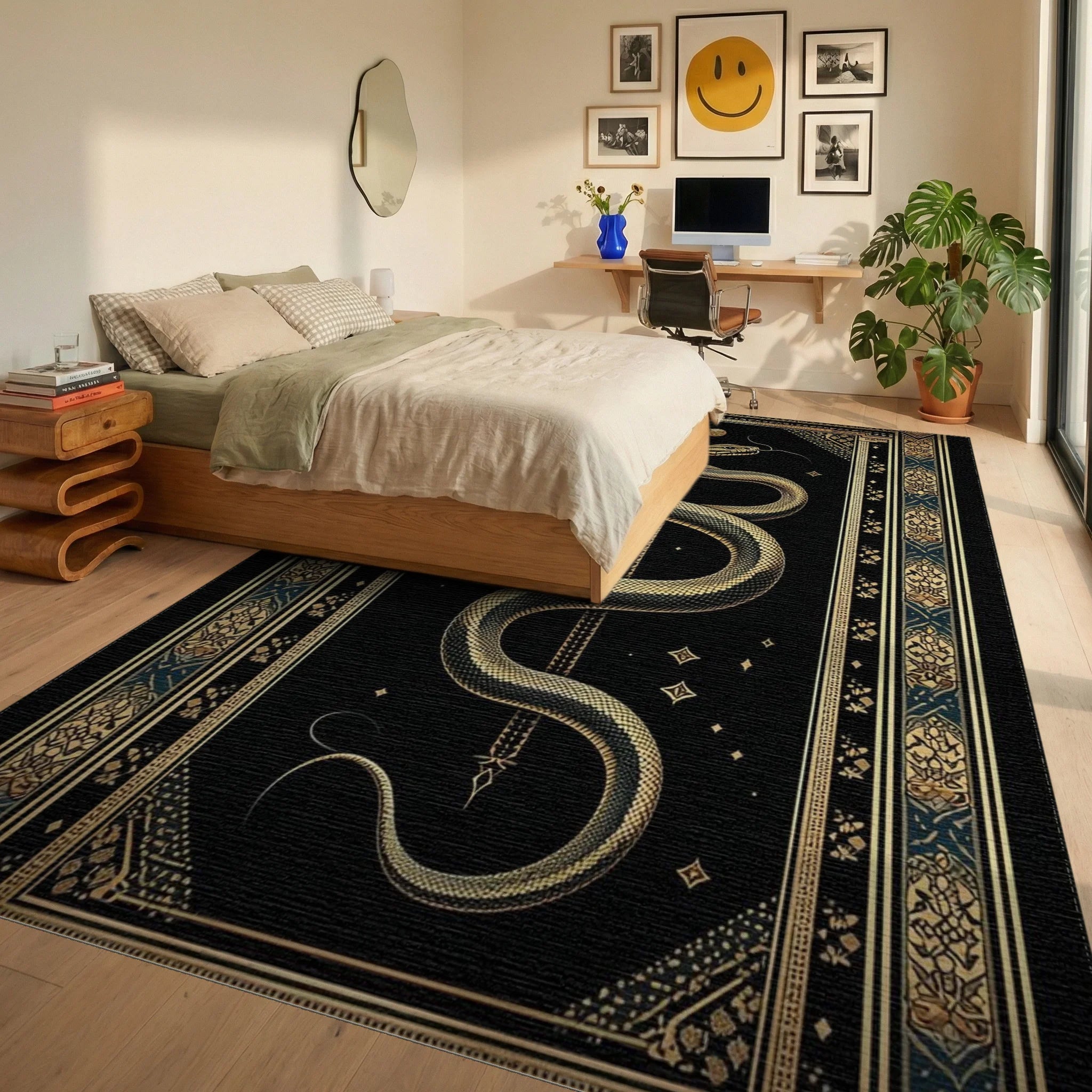 Mystical Gold Serpent Black Celestial Rug - Bedroom View
