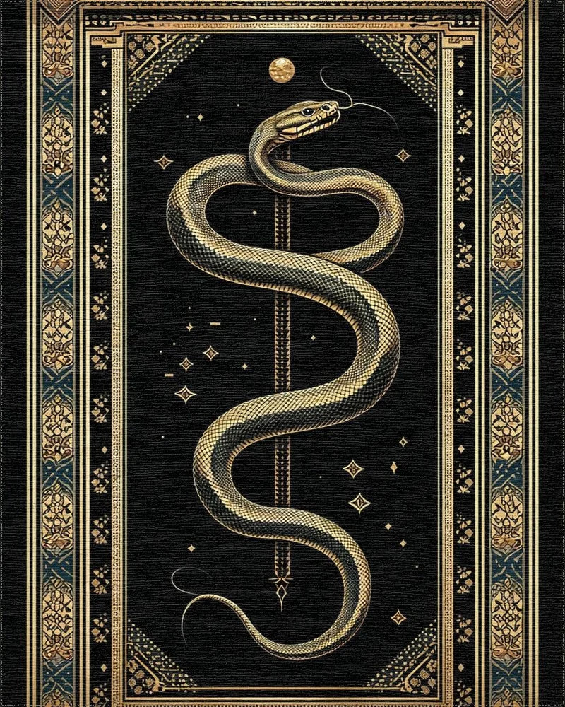 Mystical Gold Serpent Black Celestial Rug - Cutout View