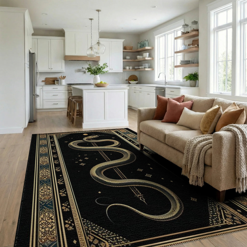 Mystical Gold Serpent Black Celestial Rug - Living Room View