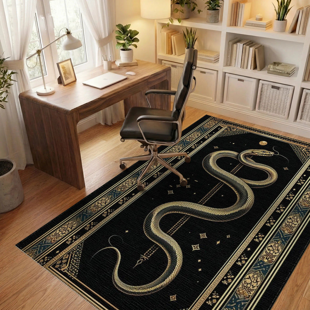 Mystical Gold Serpent Black Celestial Rug - Office View