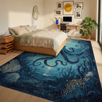 Mystical Navy Octopus Full Moon Rug - Bedroom View
