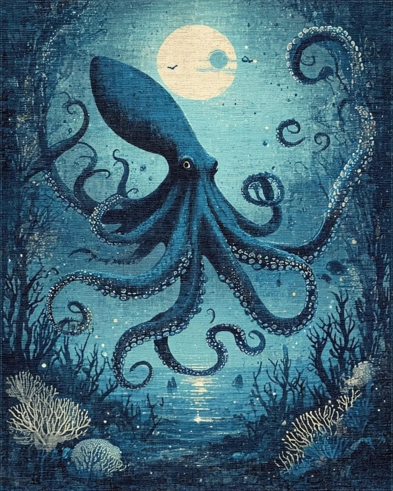 Mystical Navy Octopus Full Moon Rug - Cutout View