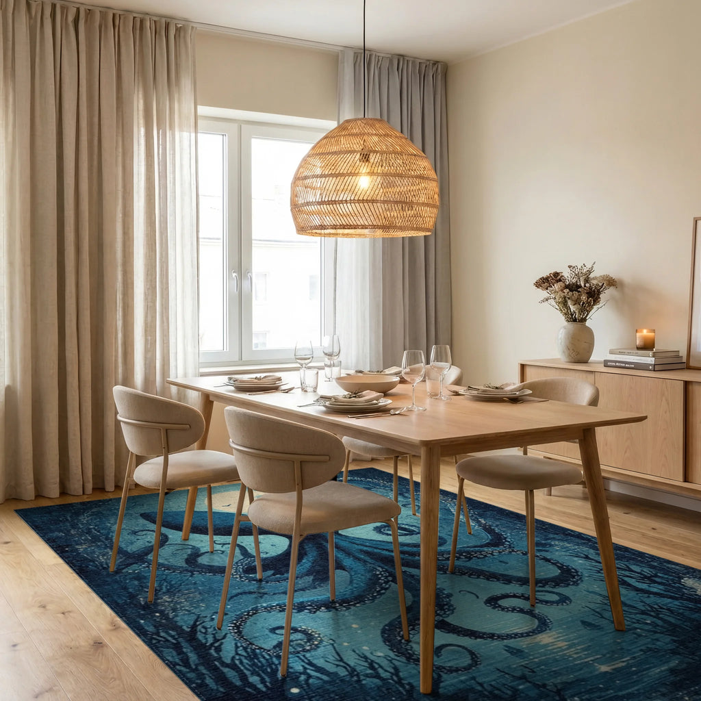 Mystical Navy Octopus Full Moon Rug - Dining Room View