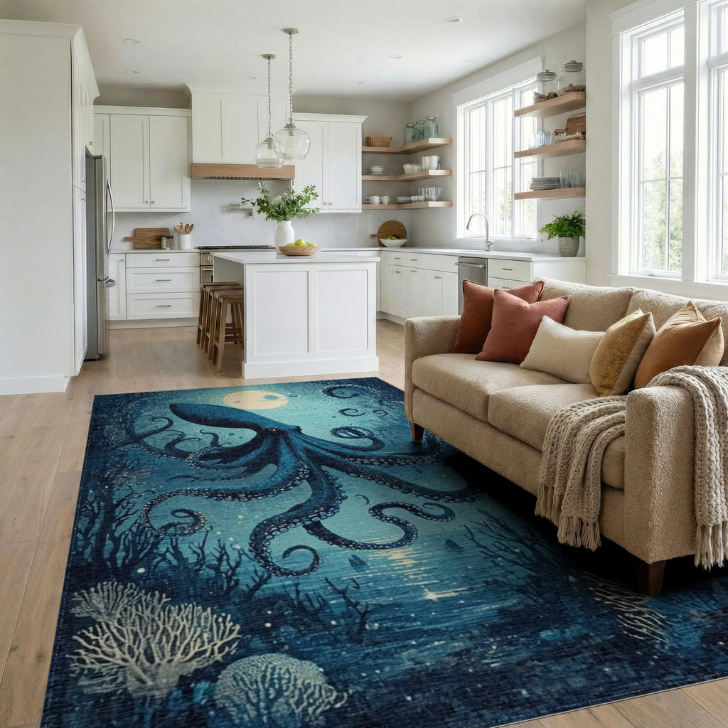Mystical Navy Octopus Full Moon Rug - Living Room View