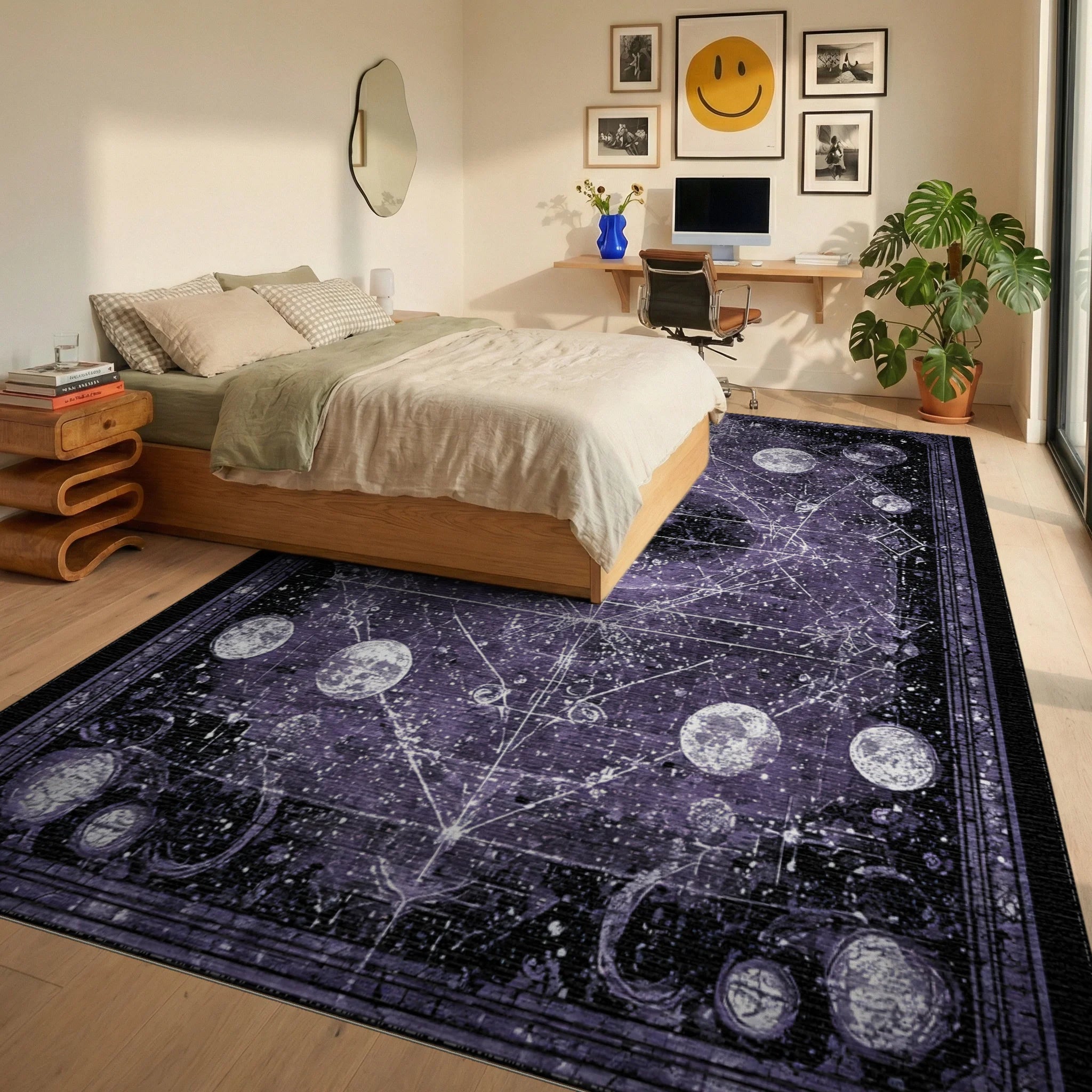 Mystical Purple Celestial Moon Constellation Rug - Bedroom View